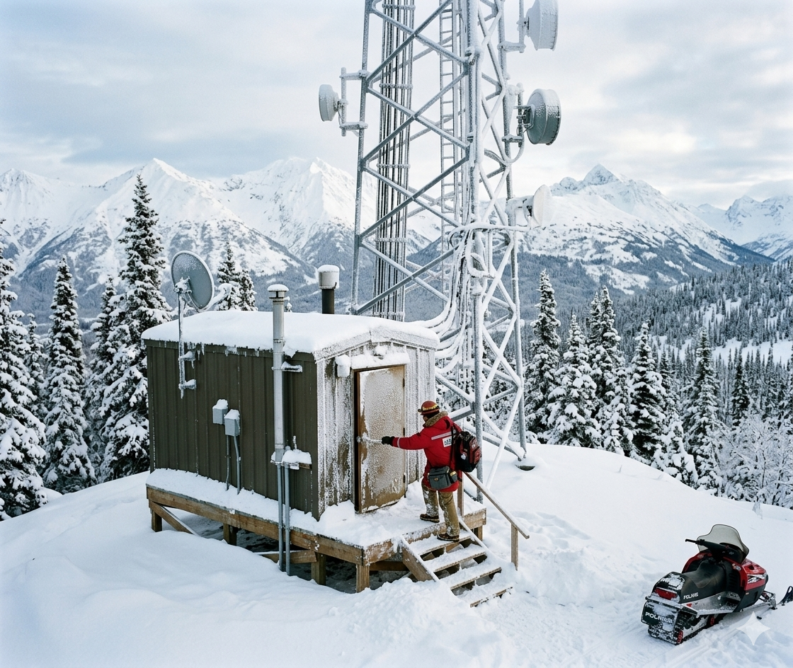 Richesin Engineering technician servicing a remote communications tower in winter